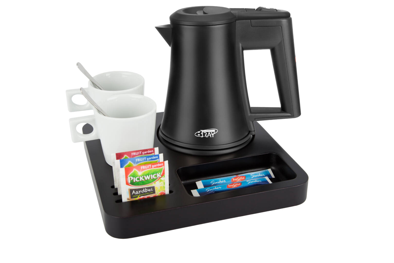 Hospitality-tray-SLIM-Kettle-STAR-BLACK-0.5L-WhiteCups